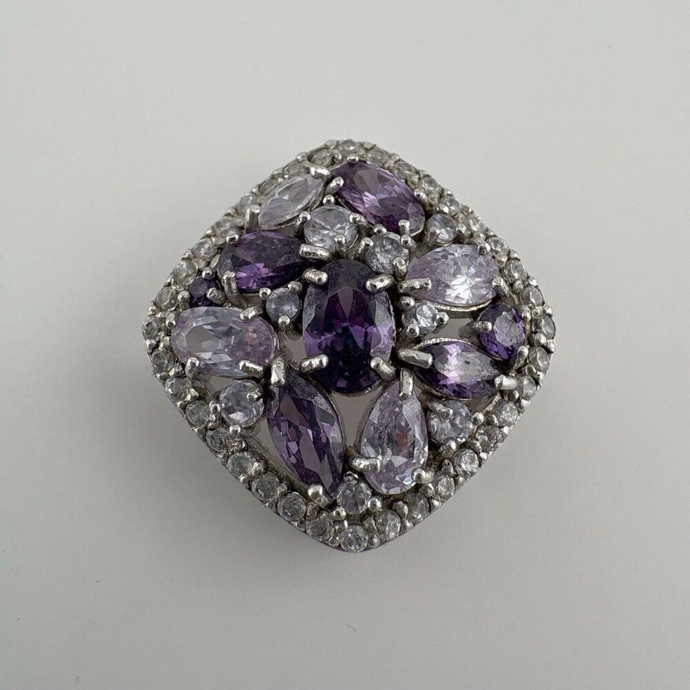 Square Slider Pendant 925 Sterling Silver Purple & Clear Stone Cluster 3/4”